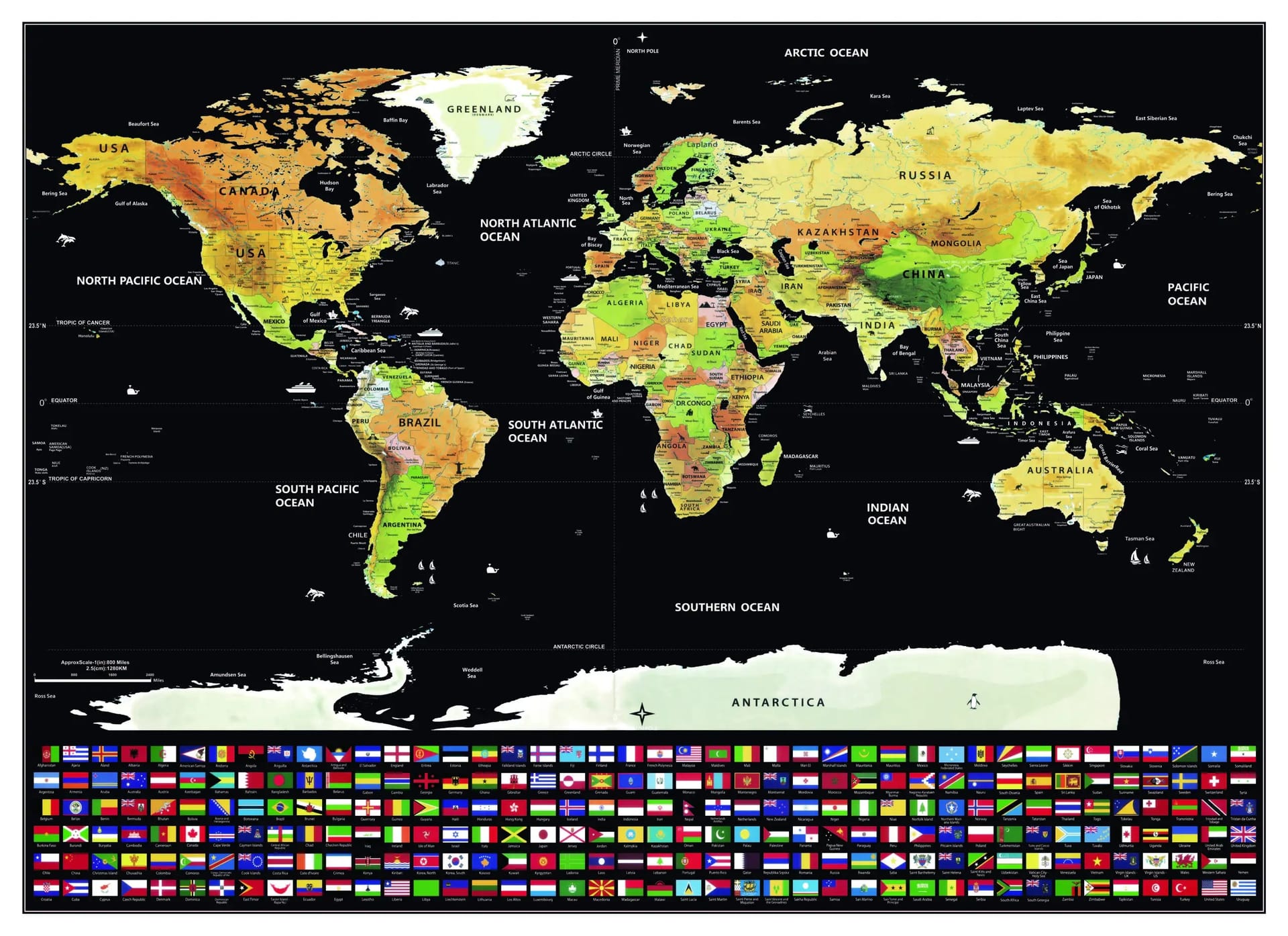 Stírací mapa světa černá s vlajkami