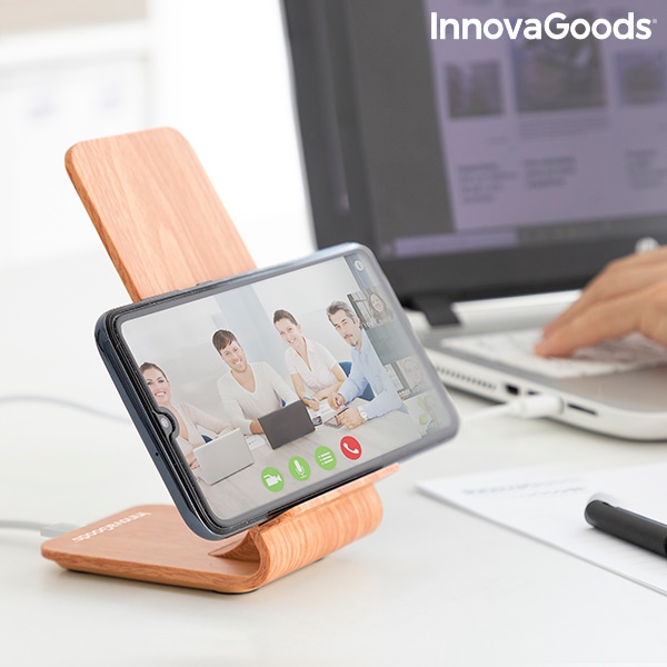 Bezdrátová nabíječka s imitací dřeva s podstavcem Qistan InnovaGoods