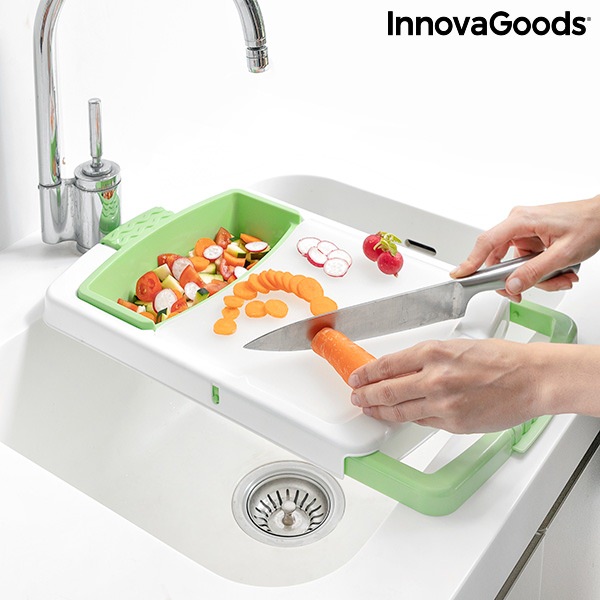 Rozkládací prkénko na krájení, s podnosem, nádobou a cedníkem 3 v 1 PractiCut InnovaGoods